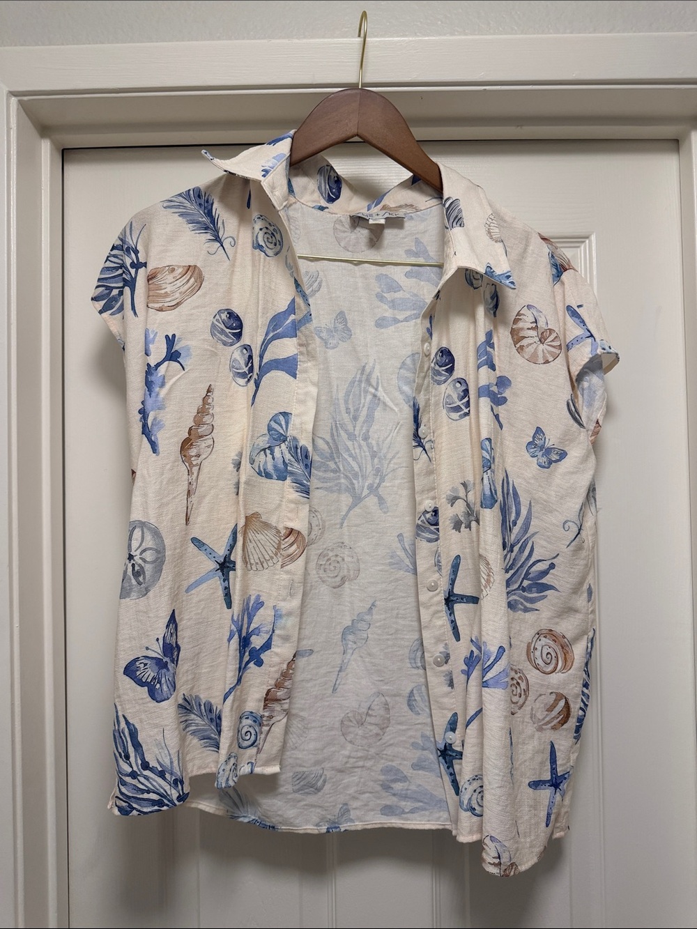 Beach cover up top - Short-Sleeve Coastal Print Shirt in Cream and Blue